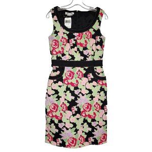 NEW Kay Unger Floral Sheath Dress S Black Green Red Stretch Denim Bold Roses
